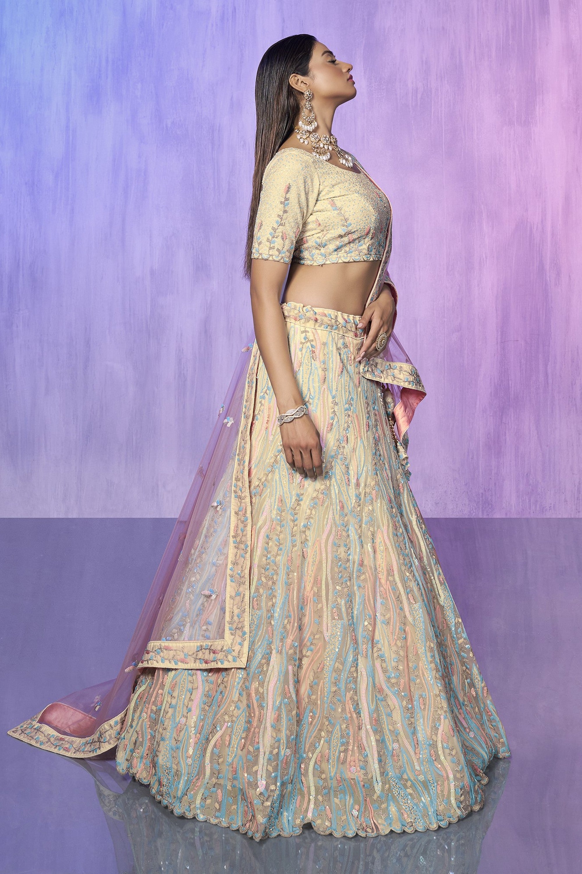 Off White Pakistani Organza Lehenga Choli For Indian Festivals & Weddings - Embroidery Work,