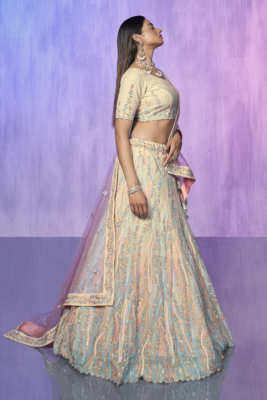 Off White Pakistani Organza Lehenga Choli For Indian Festivals & Weddings - Embroidery Work,