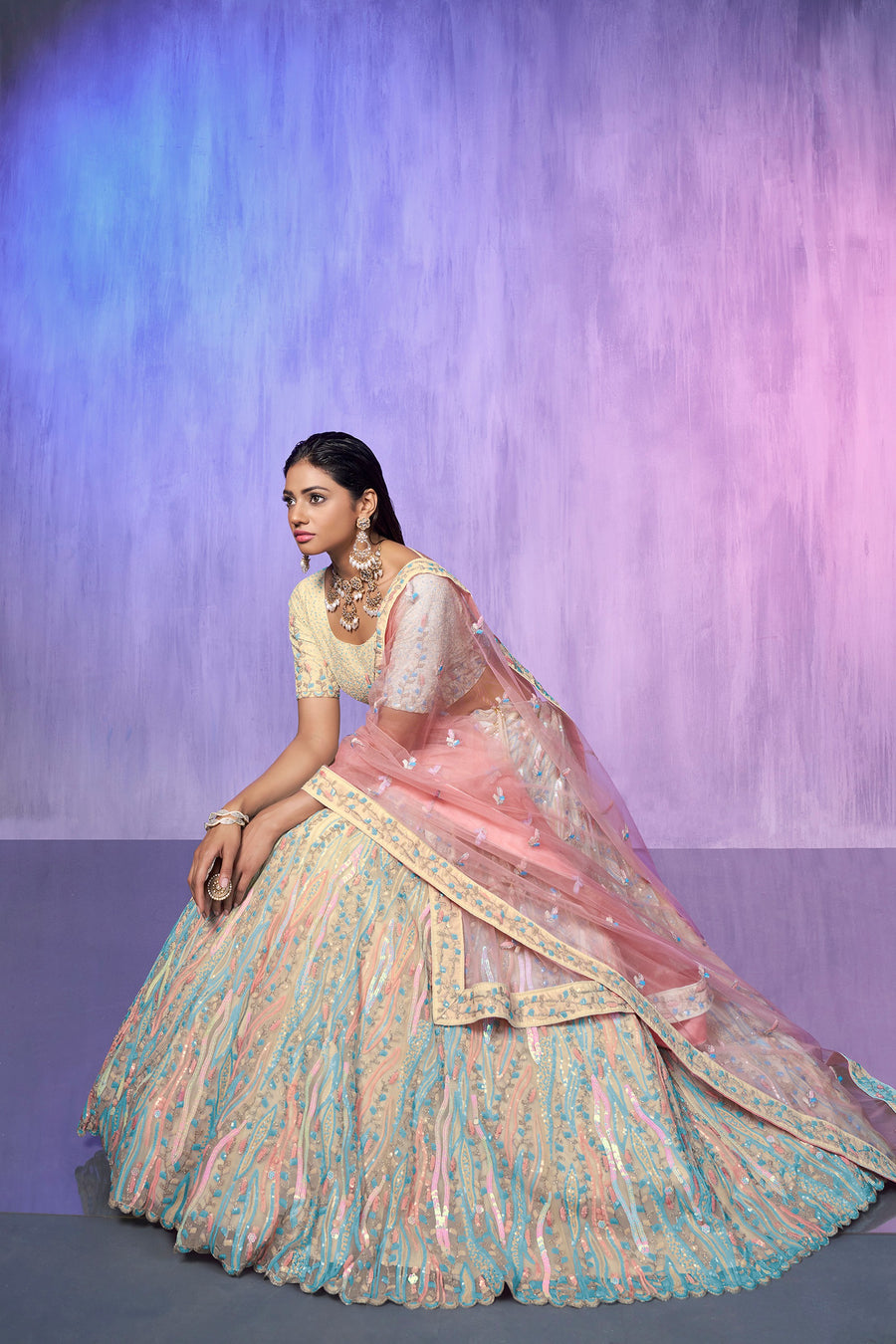 Off White Pakistani Organza Lehenga Choli For Indian Festivals & Weddings - Embroidery Work,