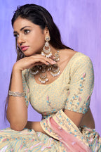 Off White Pakistani Organza Lehenga Choli For Indian Festivals & Weddings - Embroidery Work,