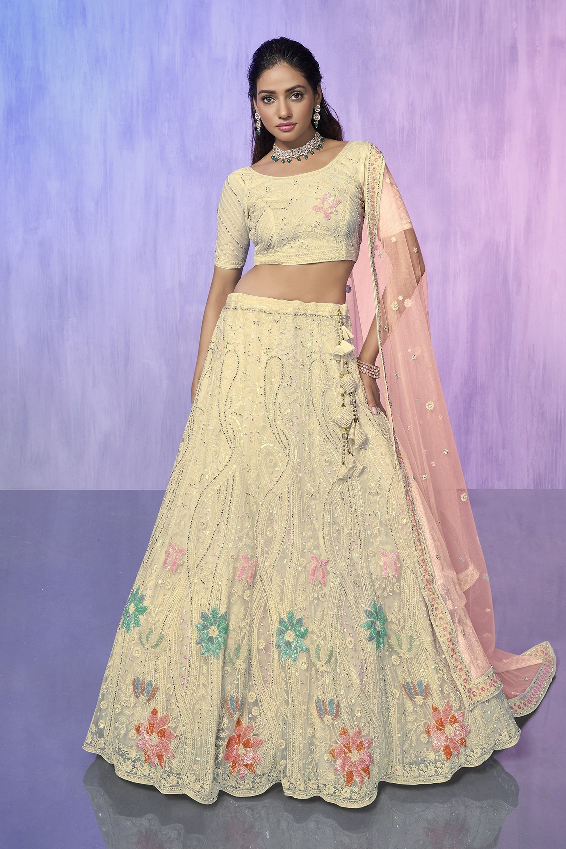 Off White Pakistani Net Lehenga Choli For Indian Festivals & Weddings - Embroidery Work,