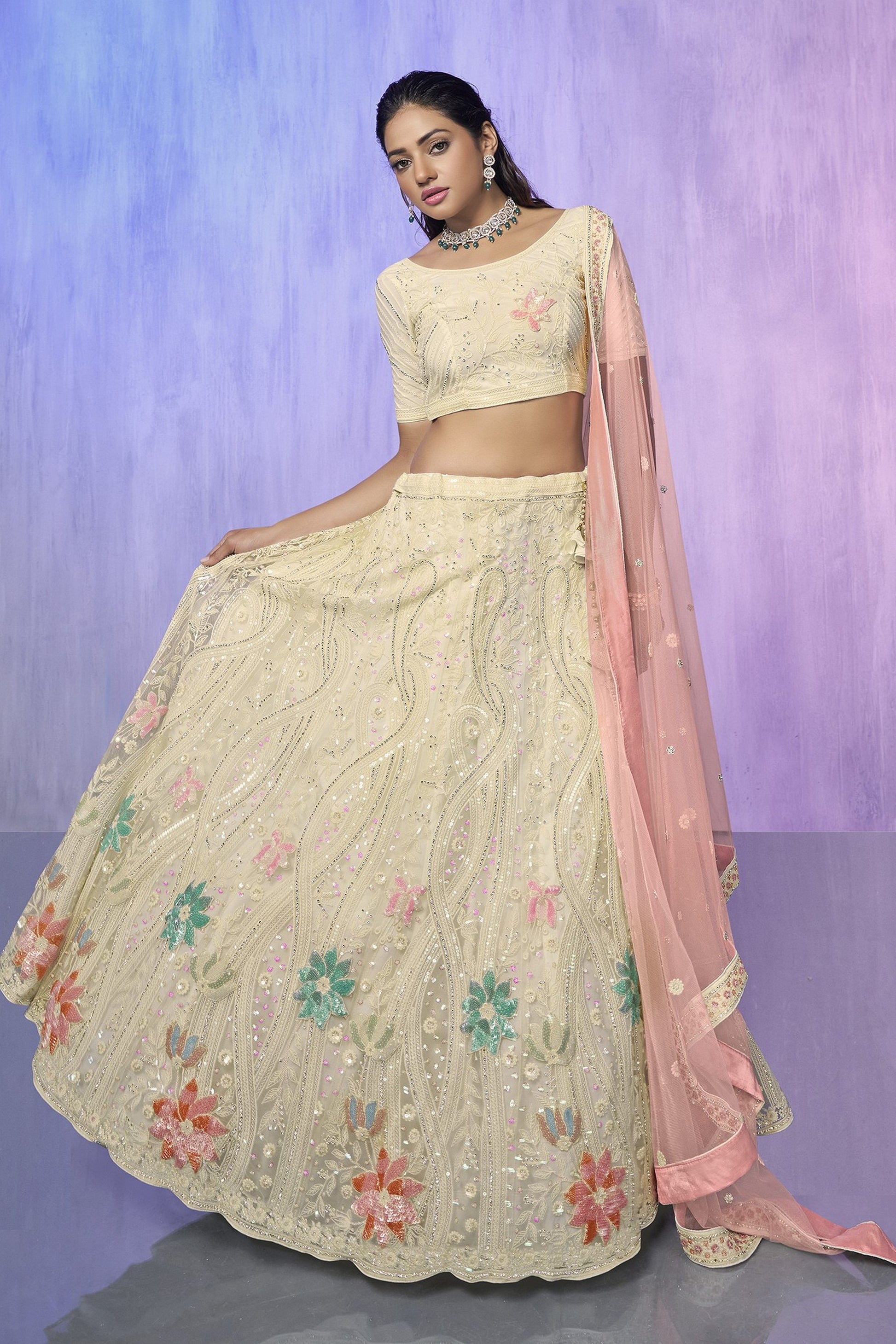 Off White Pakistani Net Lehenga Choli For Indian Festivals & Weddings - Embroidery Work,