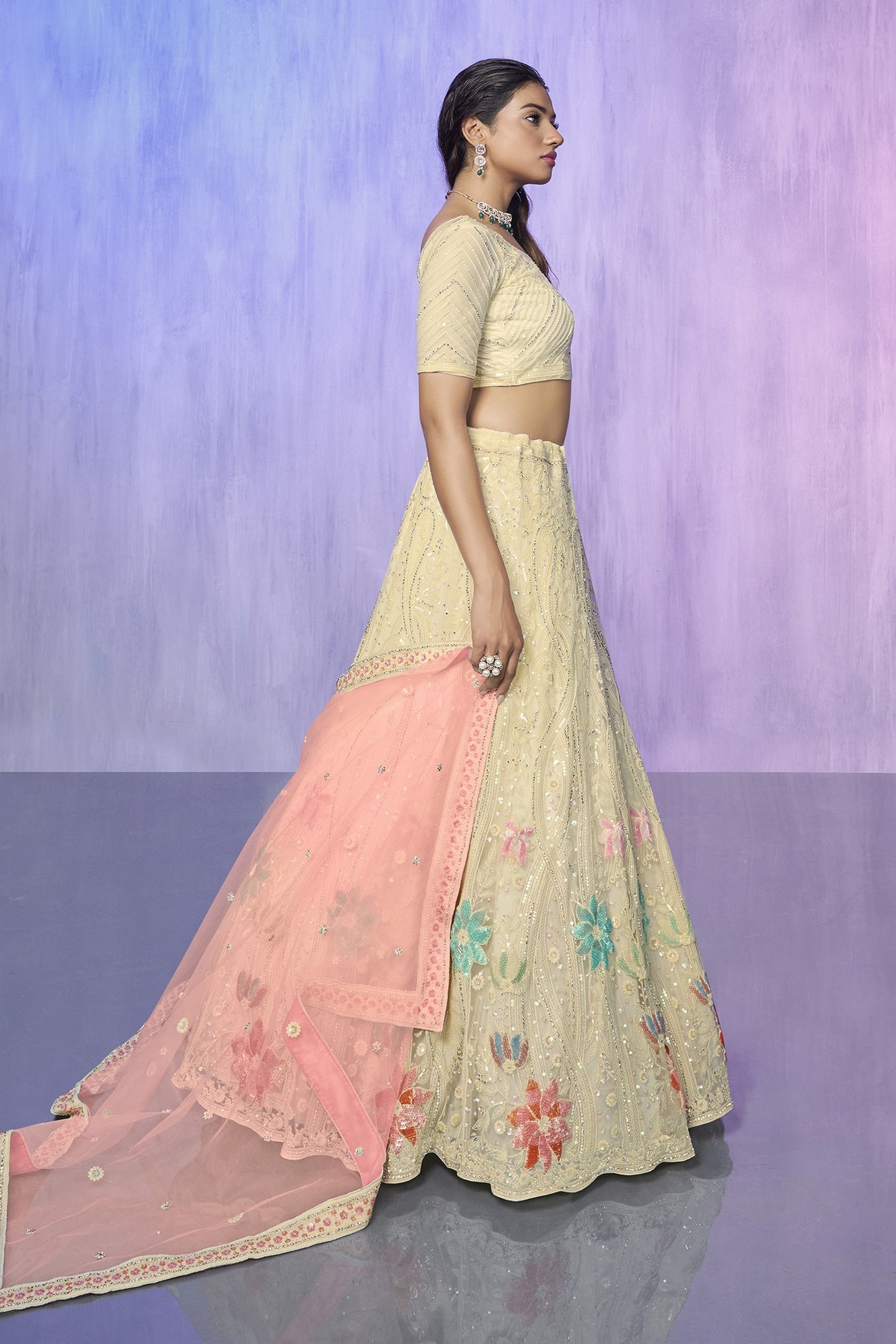 Off White Pakistani Net Lehenga Choli For Indian Festivals & Weddings - Embroidery Work,