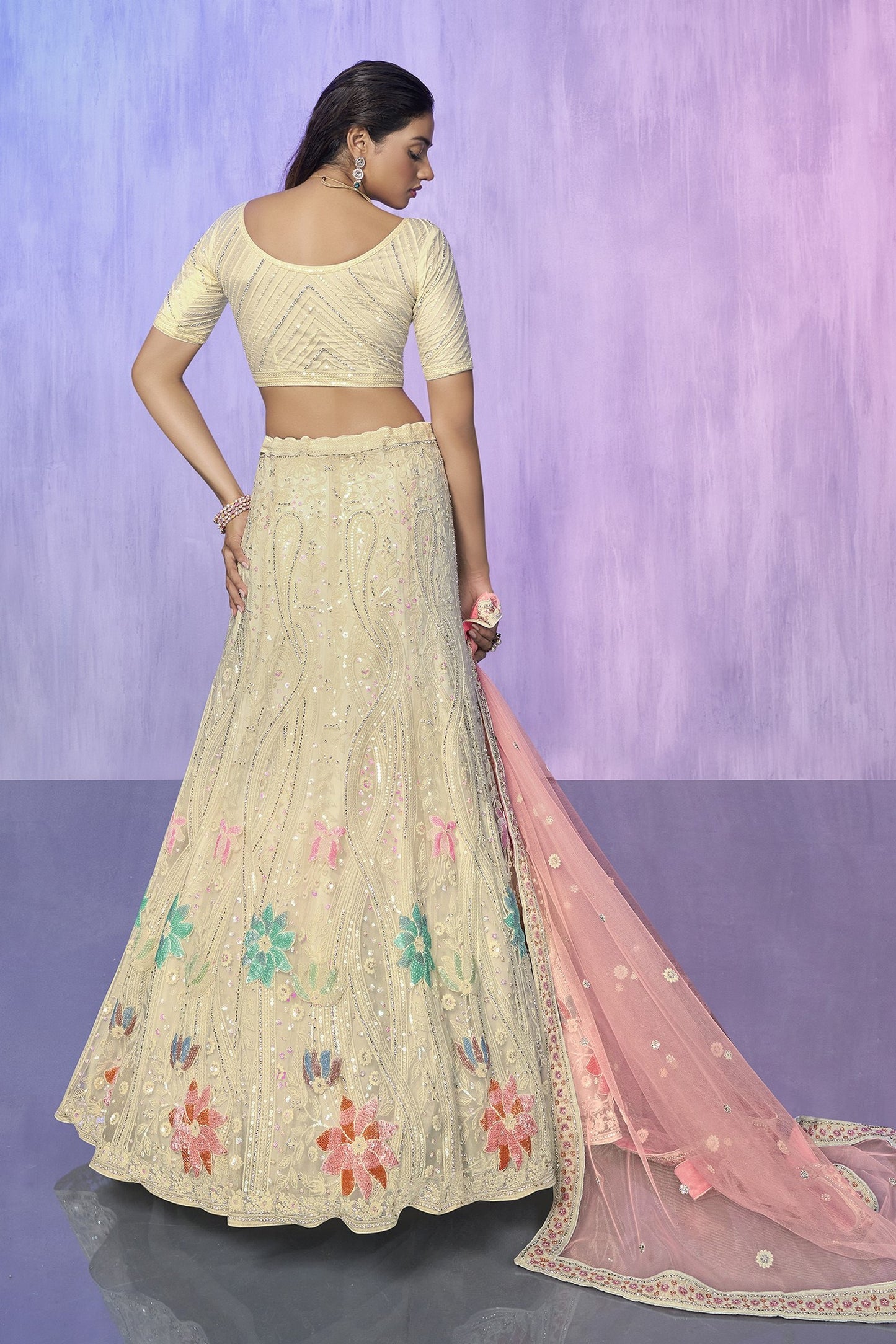 Off White Pakistani Net Lehenga Choli For Indian Festivals & Weddings - Embroidery Work,