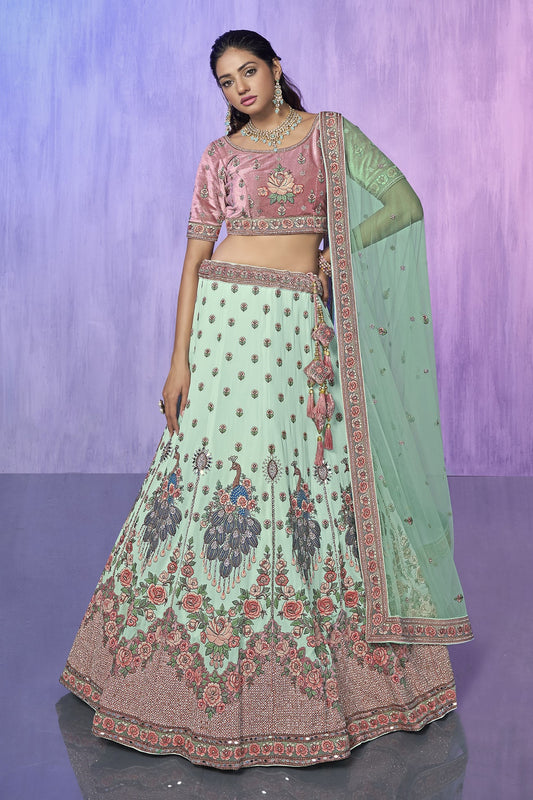 Green Pakistani Velvet Lehenga Choli For Indian Festivals & Weddings - Embroidery Work,