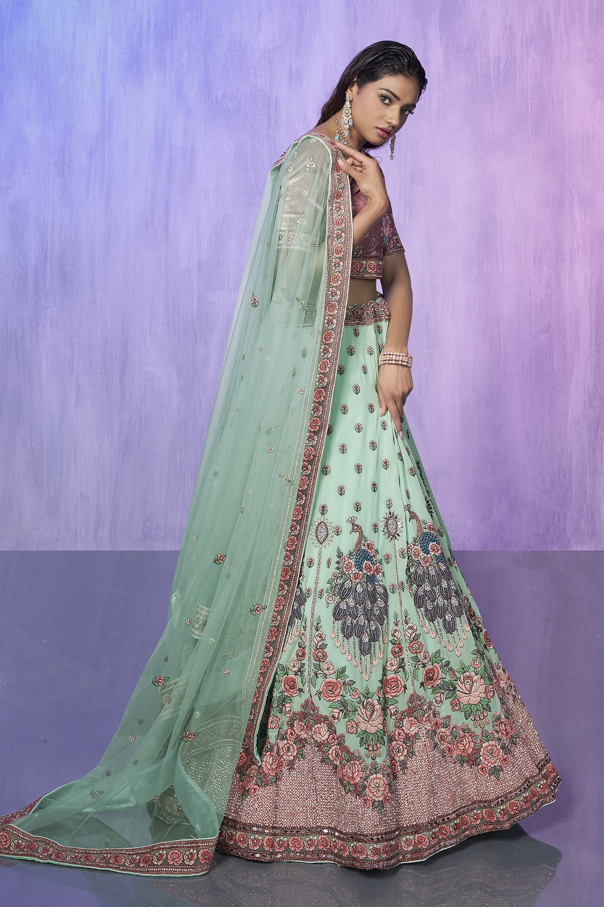 Green Pakistani Velvet Lehenga Choli For Indian Festivals & Weddings - Embroidery Work,