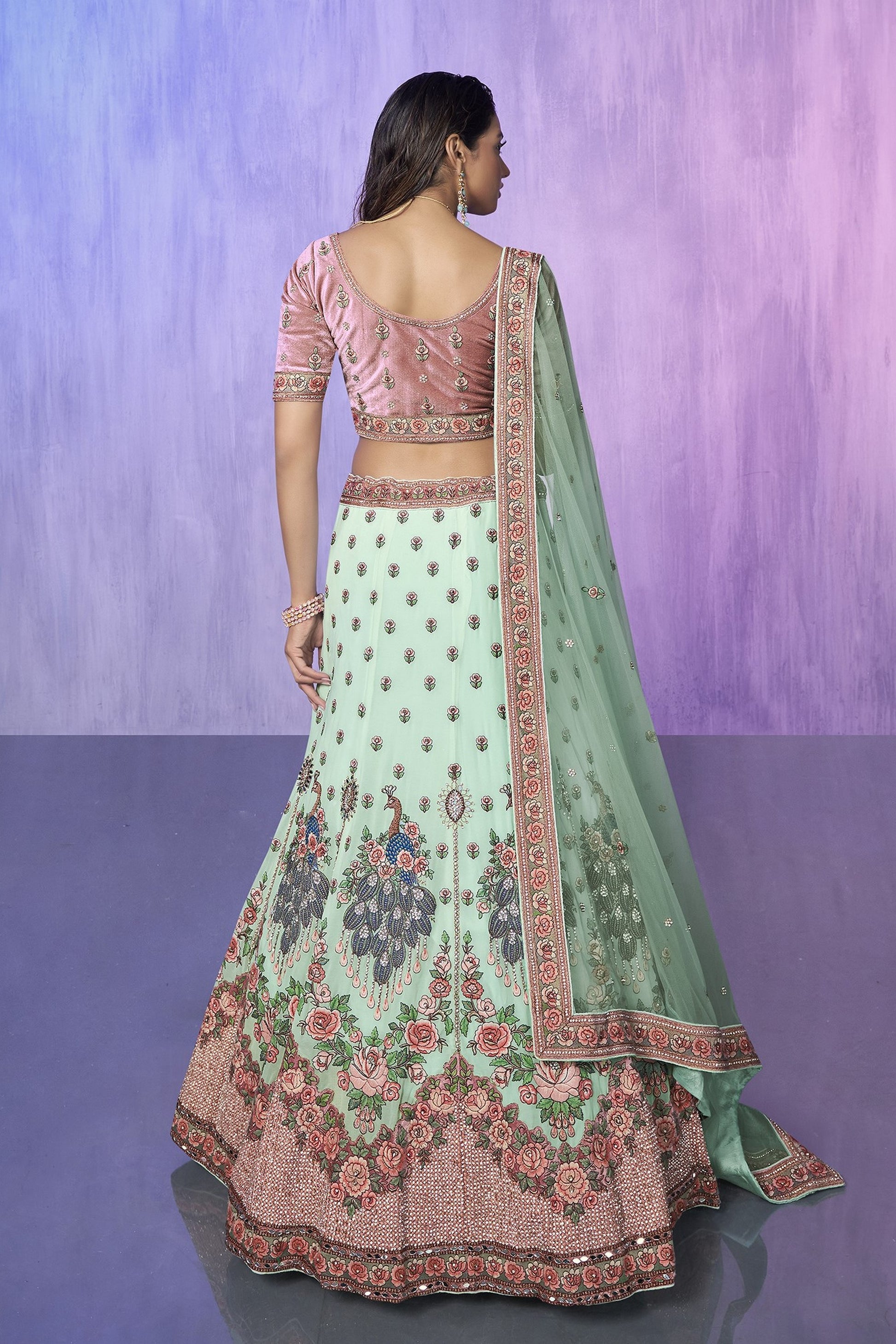 Green Pakistani Velvet Lehenga Choli For Indian Festivals & Weddings - Embroidery Work,