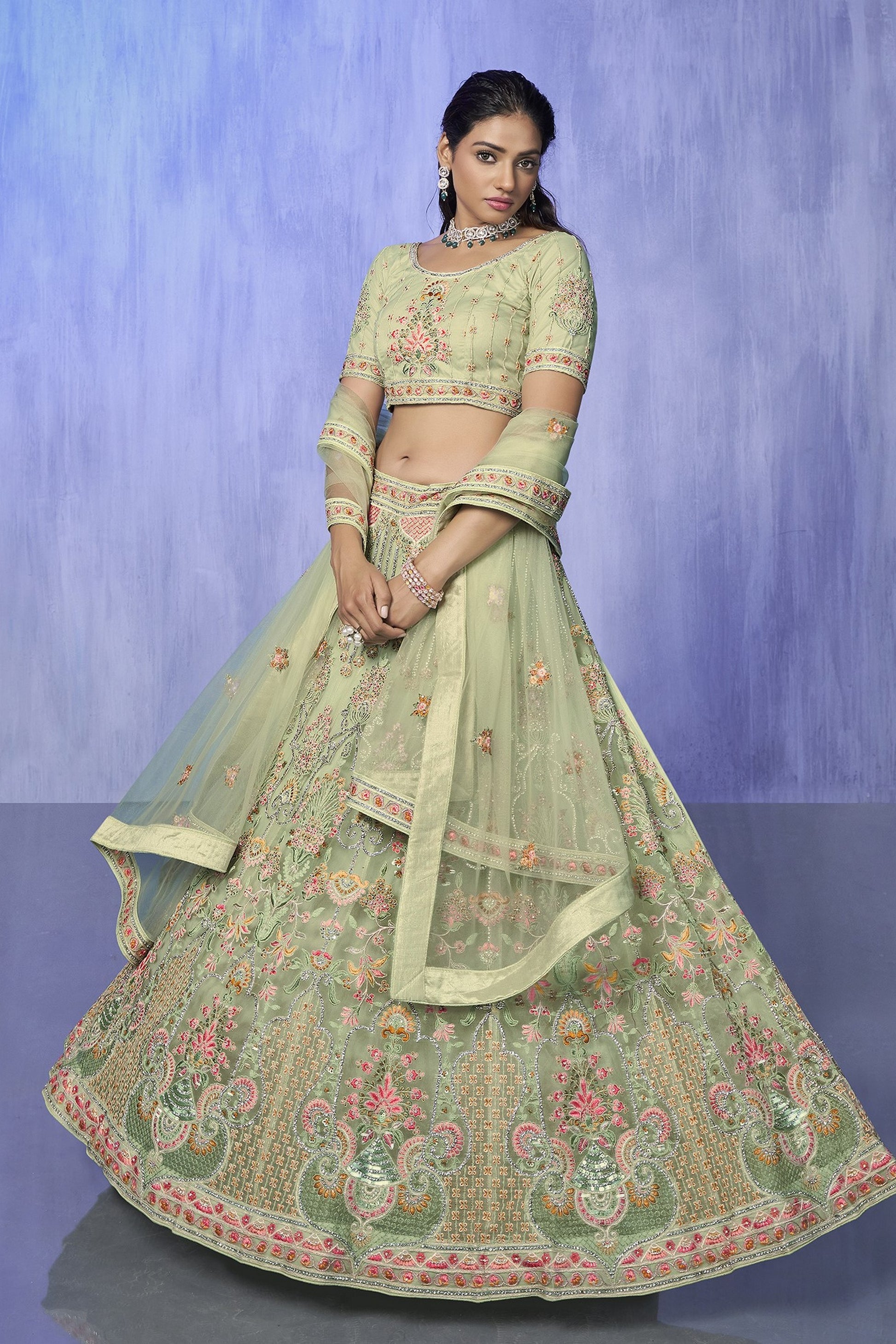 Green Pakistani Net Lehenga Choli For Indian Festivals & Weddings - Embroidery Work,