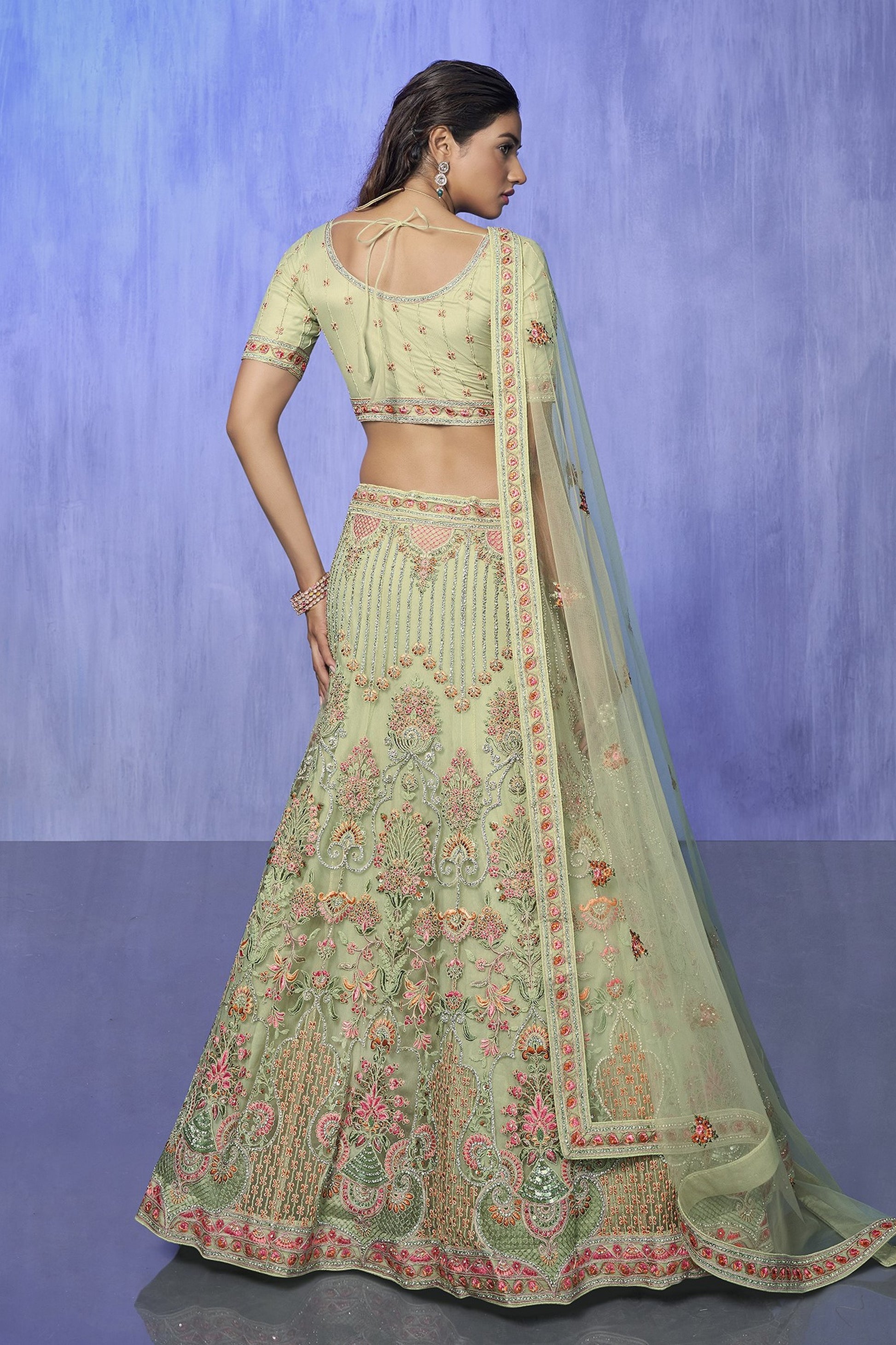 Green Pakistani Net Lehenga Choli For Indian Festivals & Weddings - Embroidery Work,