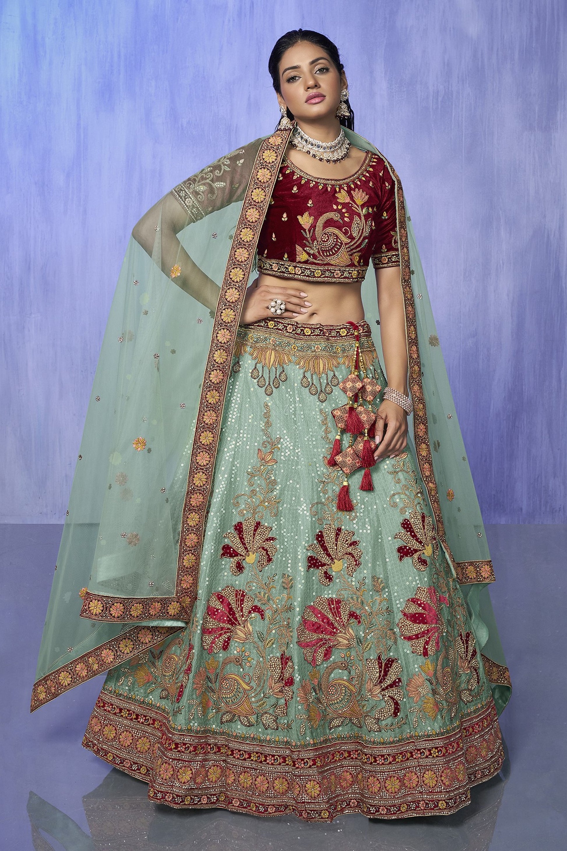 Turquoise Pakistani Velvet Lehenga Choli For Indian Festivals & Weddings - Embroidery Work,