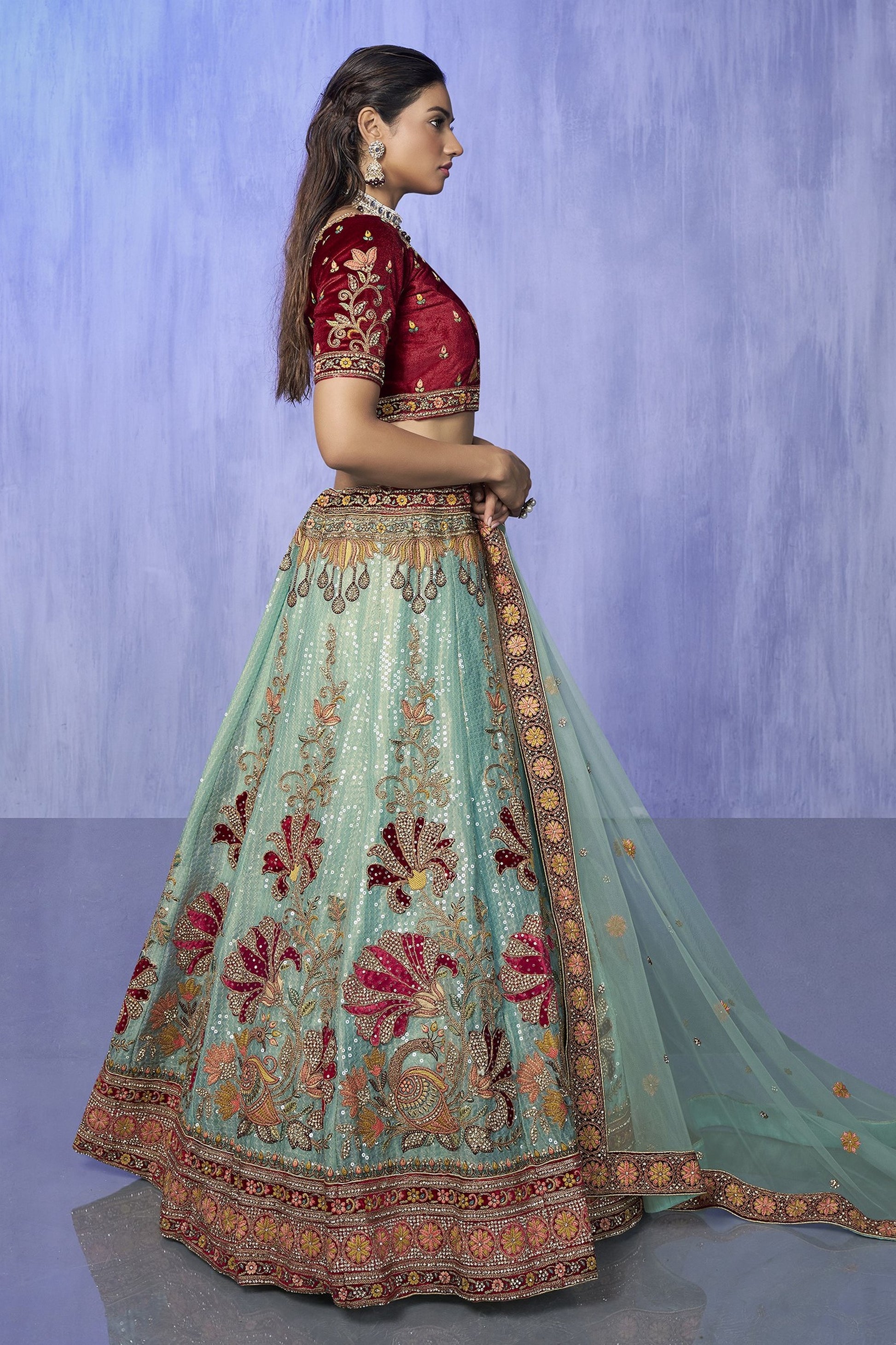 Turquoise Pakistani Velvet Lehenga Choli For Indian Festivals & Weddings - Embroidery Work,