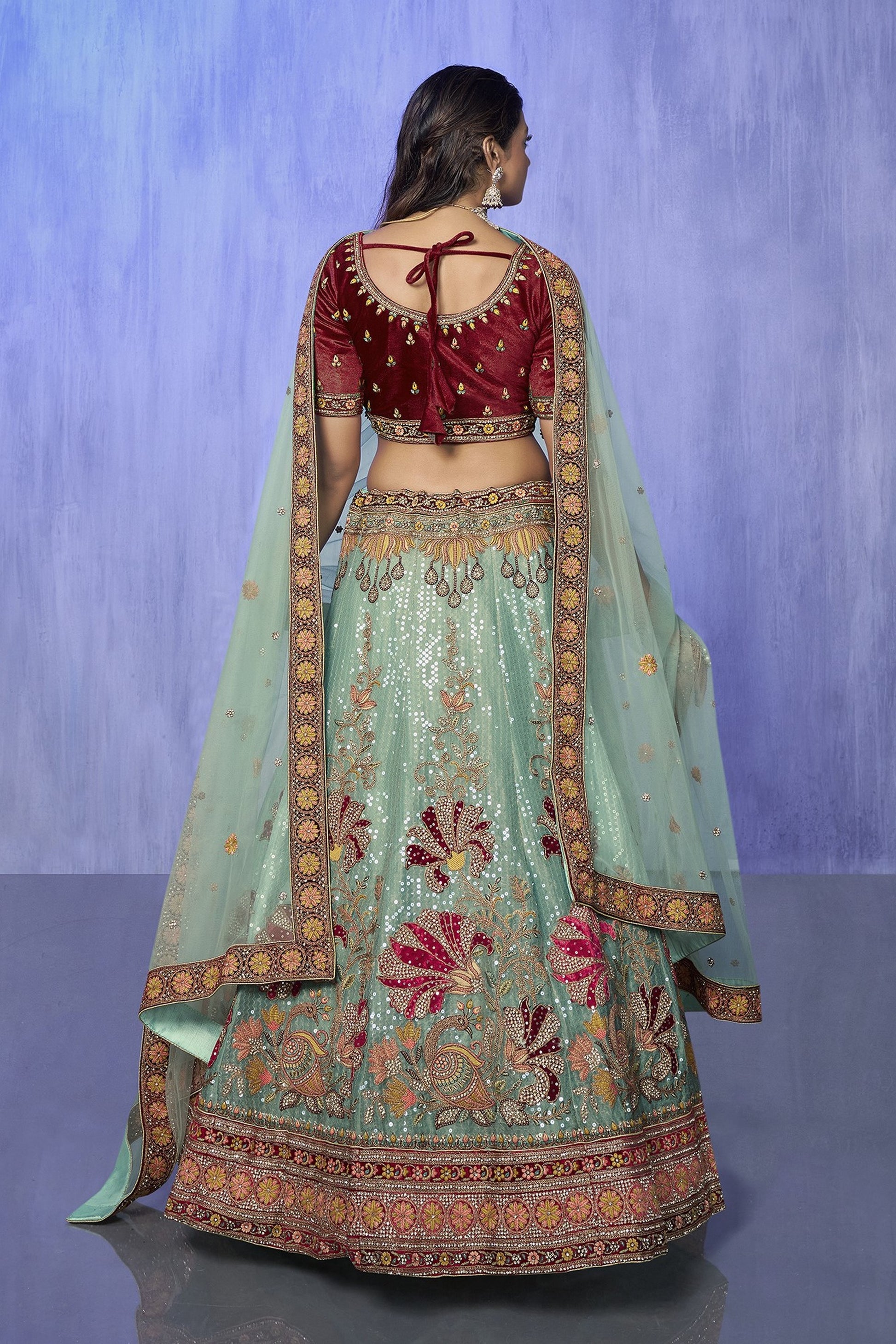 Turquoise Pakistani Velvet Lehenga Choli For Indian Festivals & Weddings - Embroidery Work,