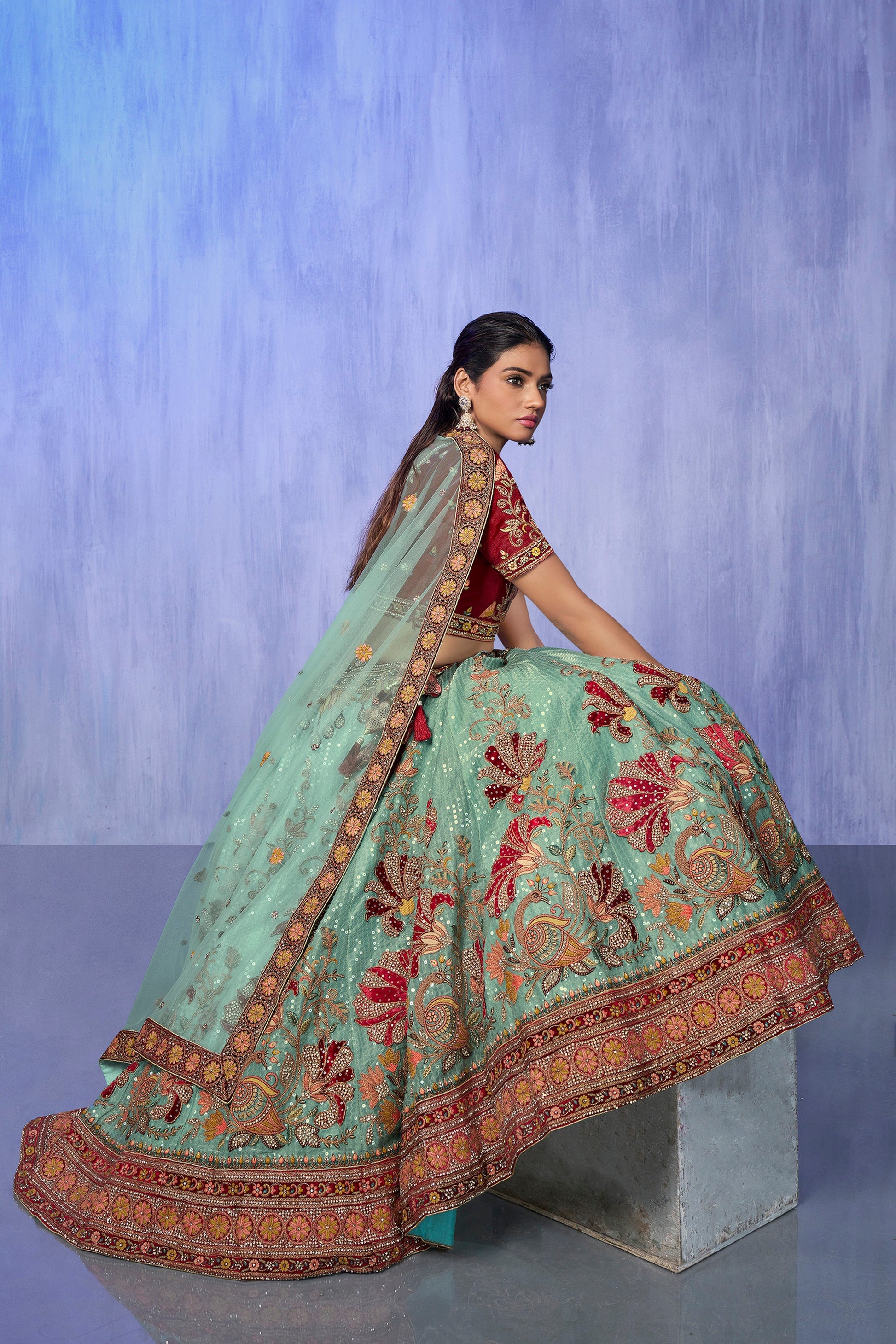 Turquoise Pakistani Velvet Lehenga Choli For Indian Festivals & Weddings - Embroidery Work,