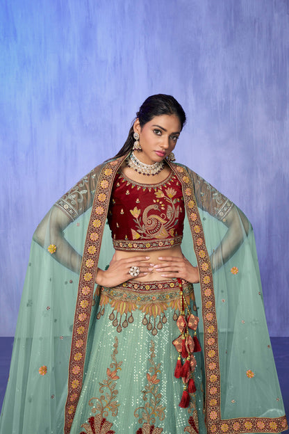 Turquoise Pakistani Velvet Lehenga Choli For Indian Festivals & Weddings - Embroidery Work,