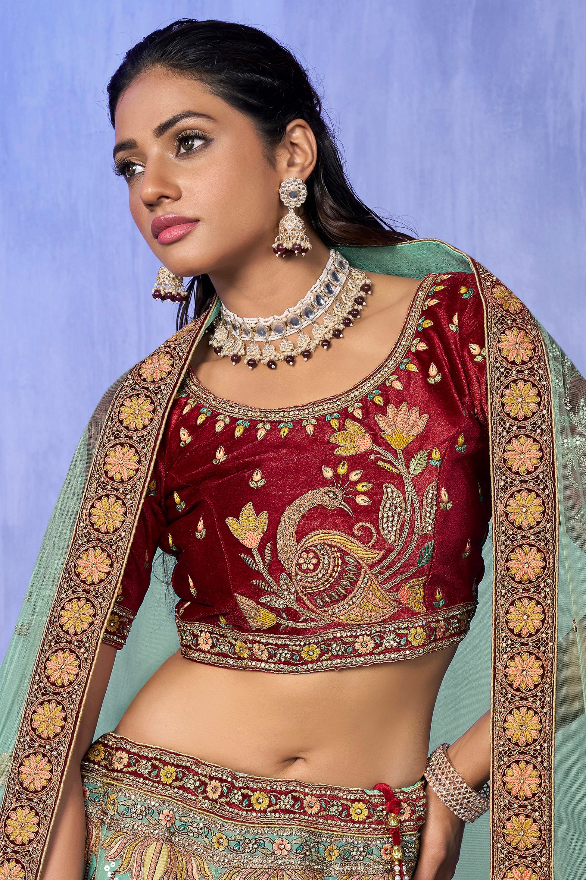 Turquoise Pakistani Velvet Lehenga Choli For Indian Festivals & Weddings - Embroidery Work,