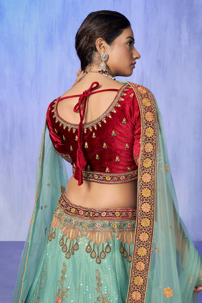 Turquoise Pakistani Velvet Lehenga Choli For Indian Festivals & Weddings - Embroidery Work,