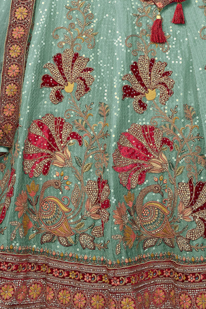 Turquoise Pakistani Velvet Lehenga Choli For Indian Festivals & Weddings - Embroidery Work,