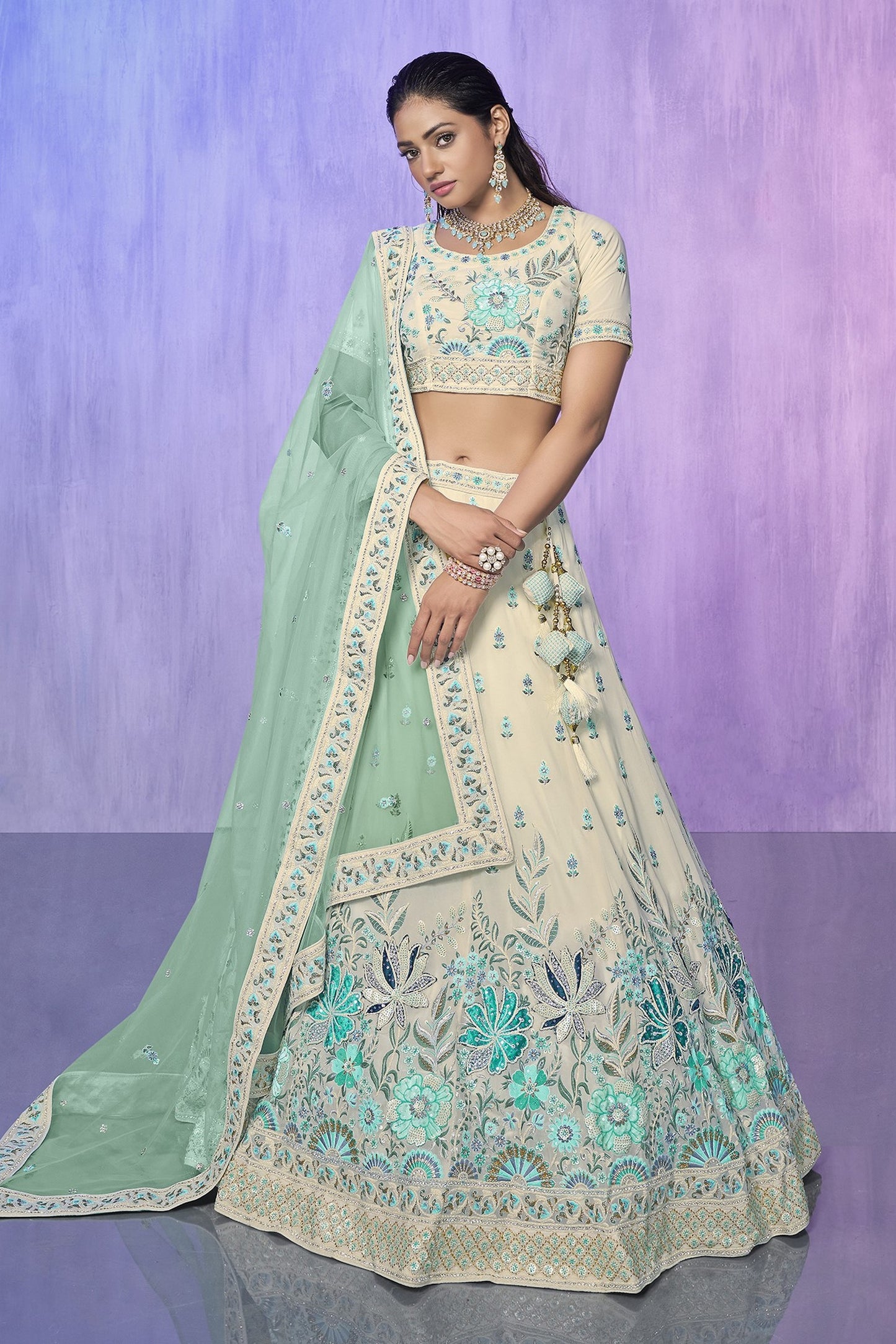 White Pakistani Georgette Lehenga Choli For Indian Festivals & Weddings - Embroidery Work,