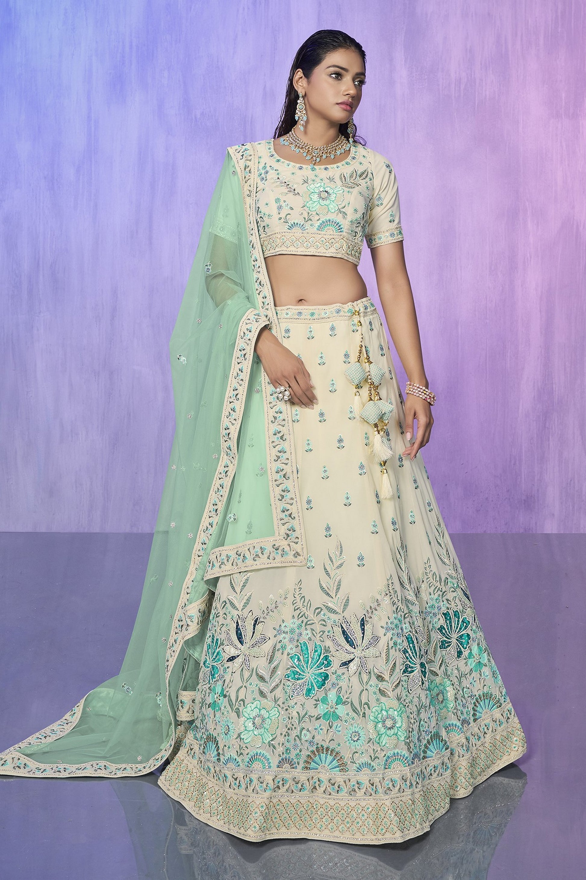 White Pakistani Georgette Lehenga Choli For Indian Festivals & Weddings - Embroidery Work,