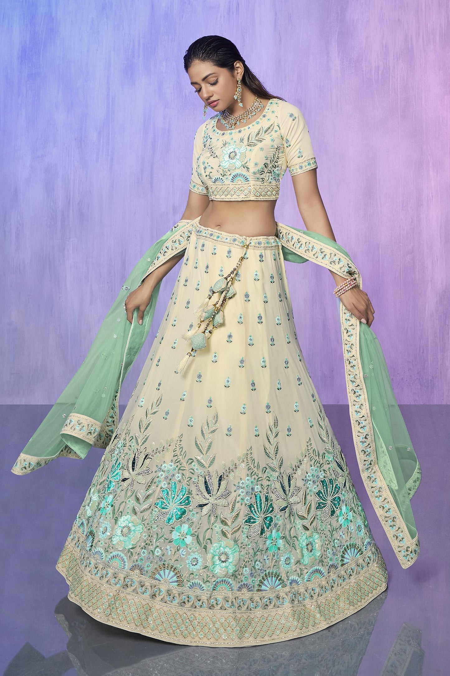 White Pakistani Georgette Lehenga Choli For Indian Festivals & Weddings - Embroidery Work,