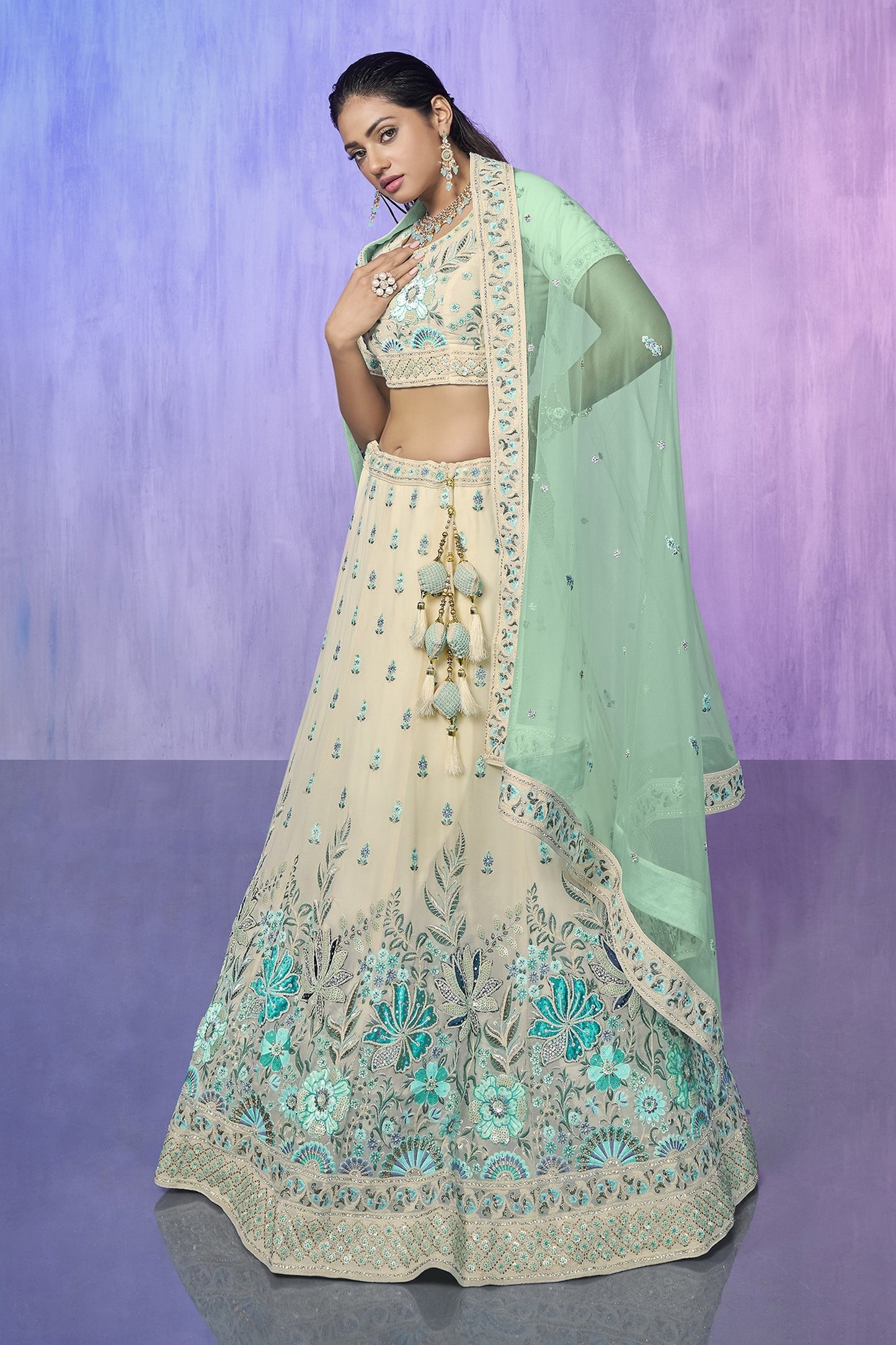 White Pakistani Georgette Lehenga Choli For Indian Festivals & Weddings - Embroidery Work,