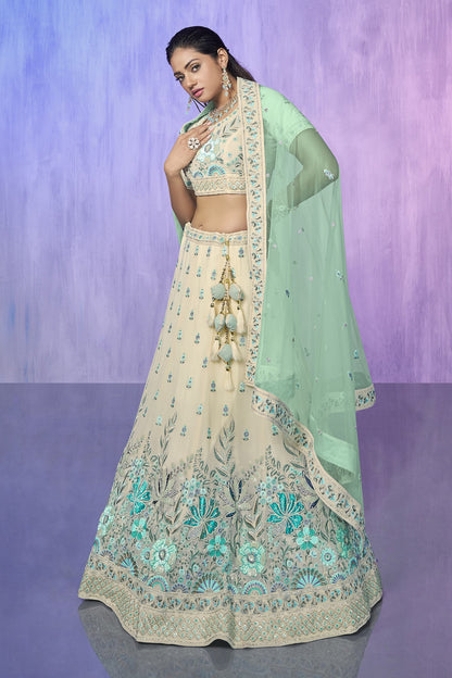 White Pakistani Georgette Lehenga Choli For Indian Festivals & Weddings - Embroidery Work,