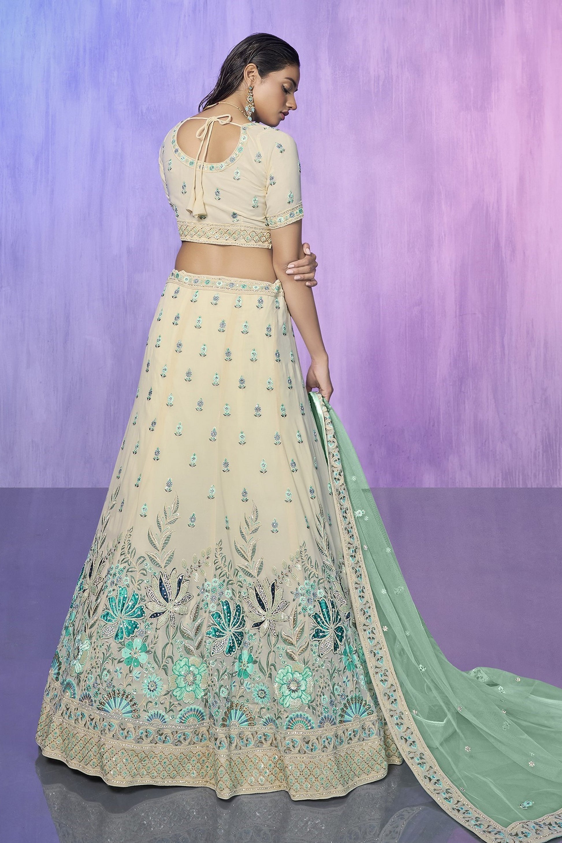 White Pakistani Georgette Lehenga Choli For Indian Festivals & Weddings - Embroidery Work,