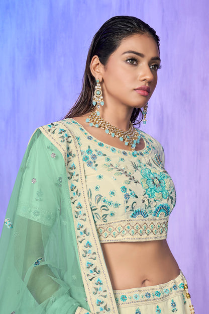 White Pakistani Georgette Lehenga Choli For Indian Festivals & Weddings - Embroidery Work,