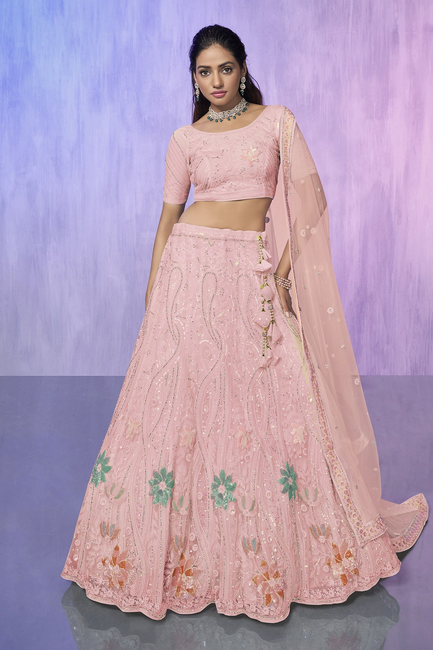 Peach Pakistani Net Lehenga Choli For Indian Festivals & Weddings - Embroidery Work,