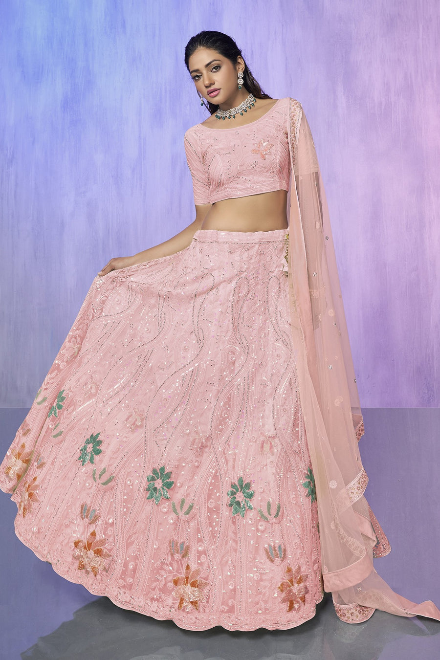 Peach Pakistani Net Lehenga Choli For Indian Festivals & Weddings - Embroidery Work,