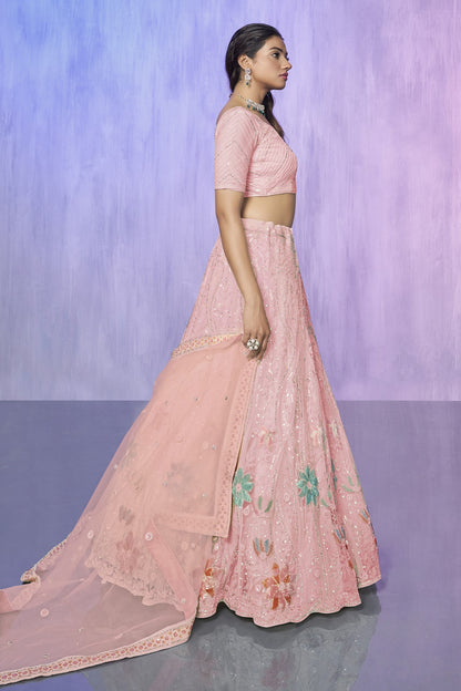 Peach Pakistani Net Lehenga Choli For Indian Festivals & Weddings - Embroidery Work,