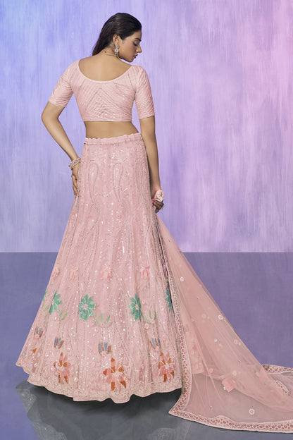 Peach Pakistani Net Lehenga Choli For Indian Festivals & Weddings - Embroidery Work,