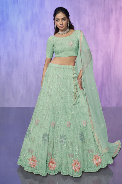 Green Pakistani Net Lehenga Choli For Indian Festivals & Weddings - Embroidery Work,