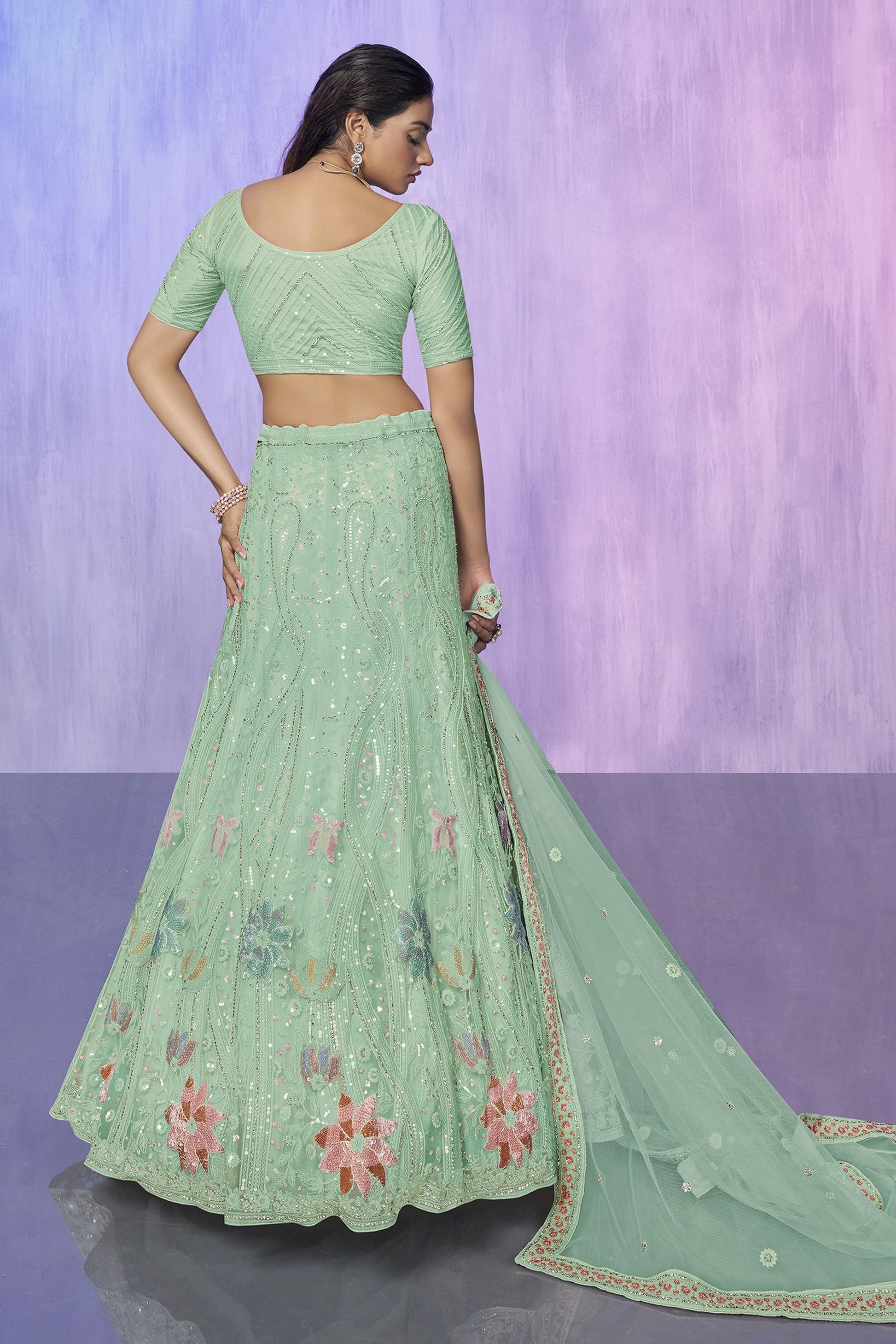 Green Pakistani Net Lehenga Choli For Indian Festivals & Weddings - Embroidery Work,