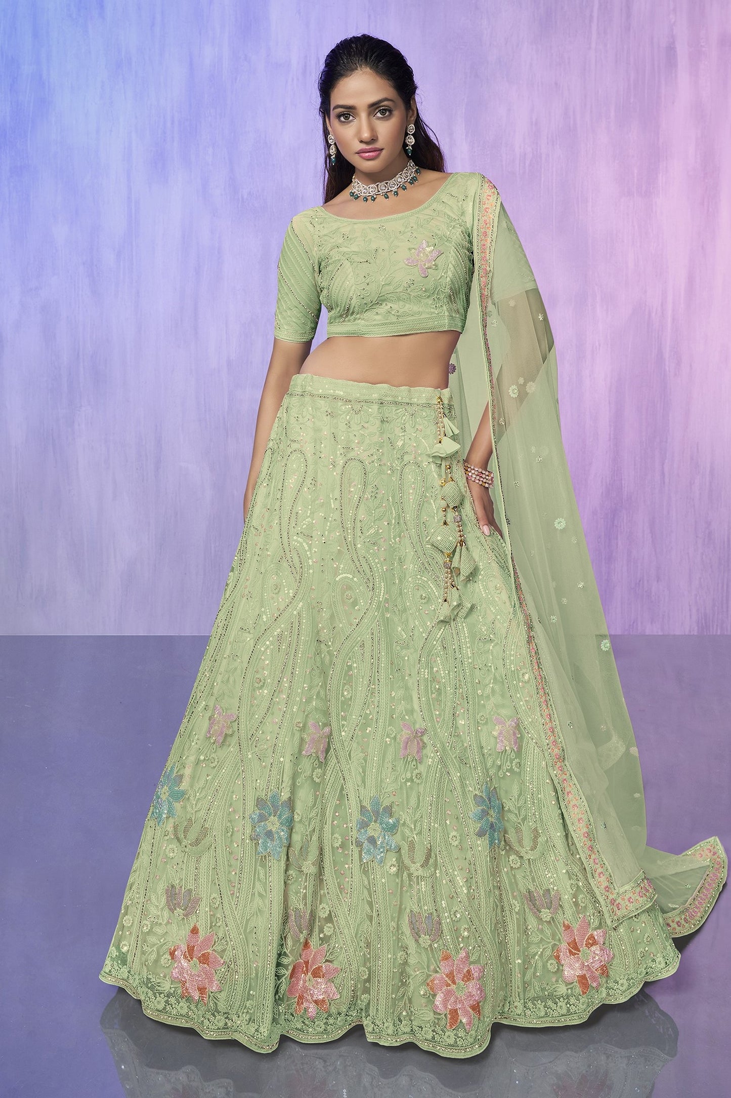 Green Pakistani Net Lehenga Choli For Indian Festivals & Weddings - Embroidery Work,