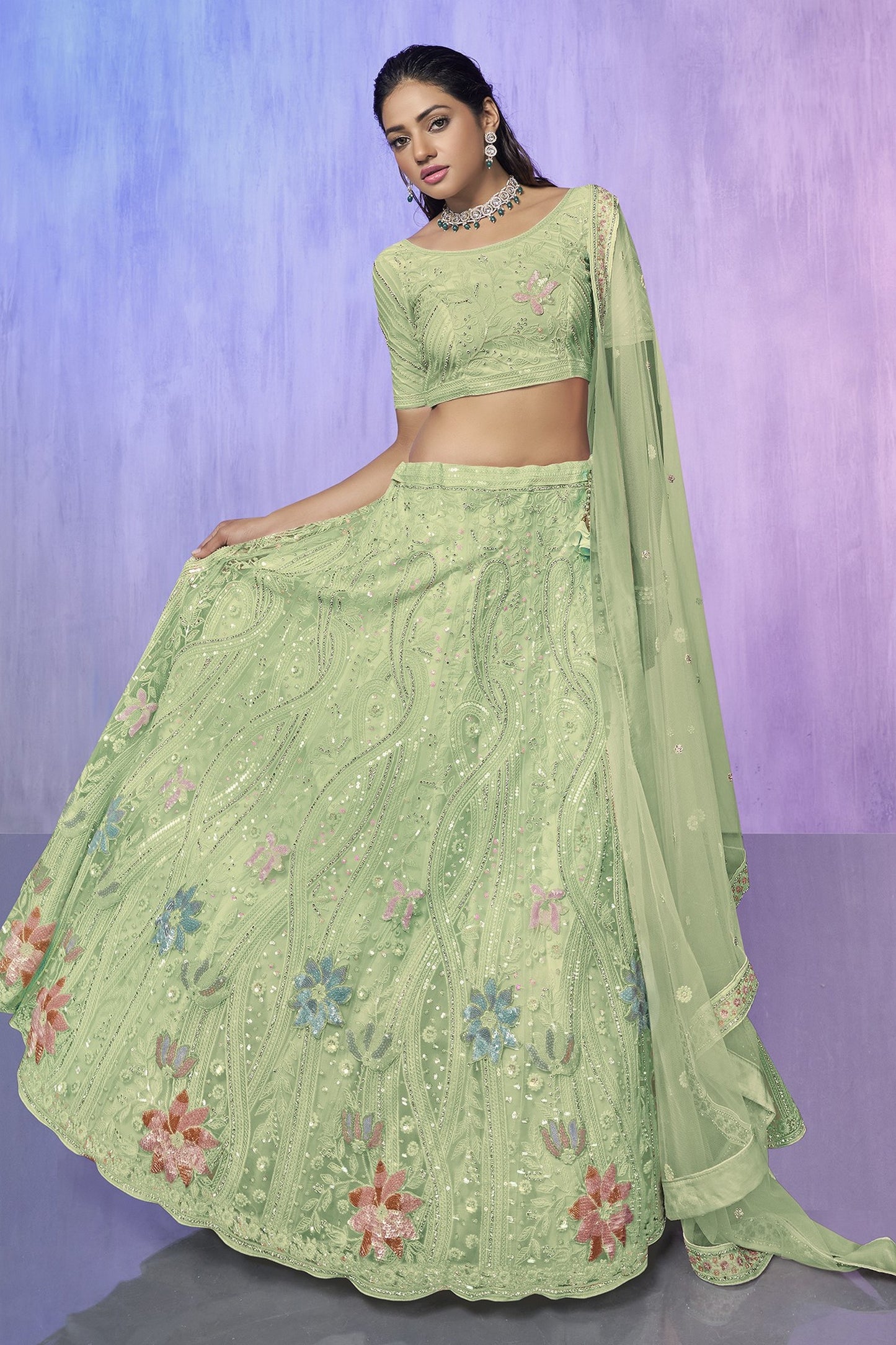 Green Pakistani Net Lehenga Choli For Indian Festivals & Weddings - Embroidery Work,