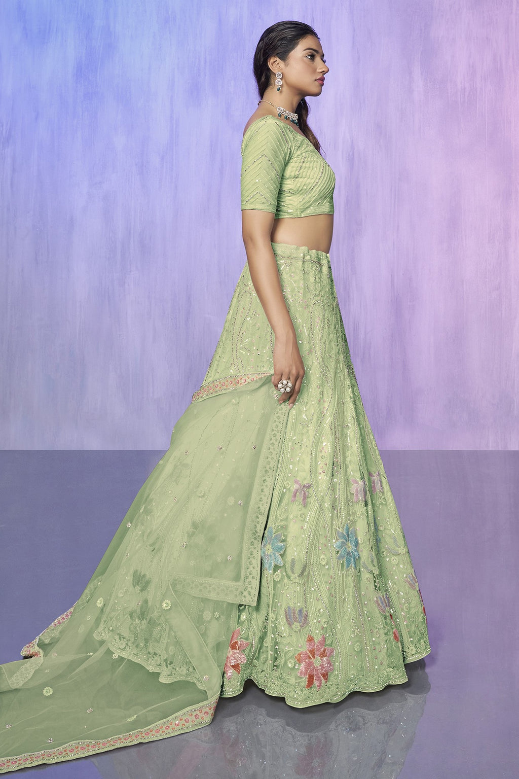 Green Pakistani Net Lehenga Choli For Indian Festivals & Weddings - Embroidery Work,