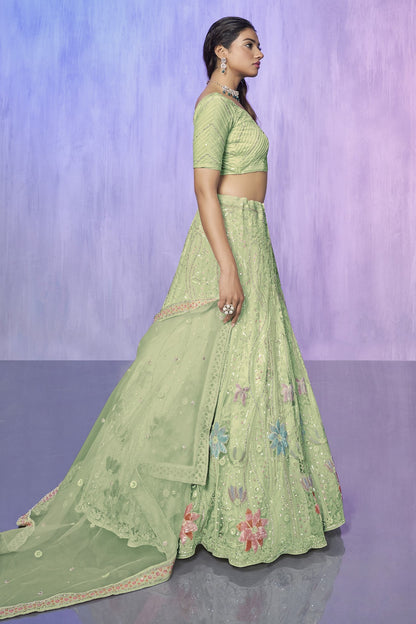 Green Pakistani Net Lehenga Choli For Indian Festivals & Weddings - Embroidery Work,