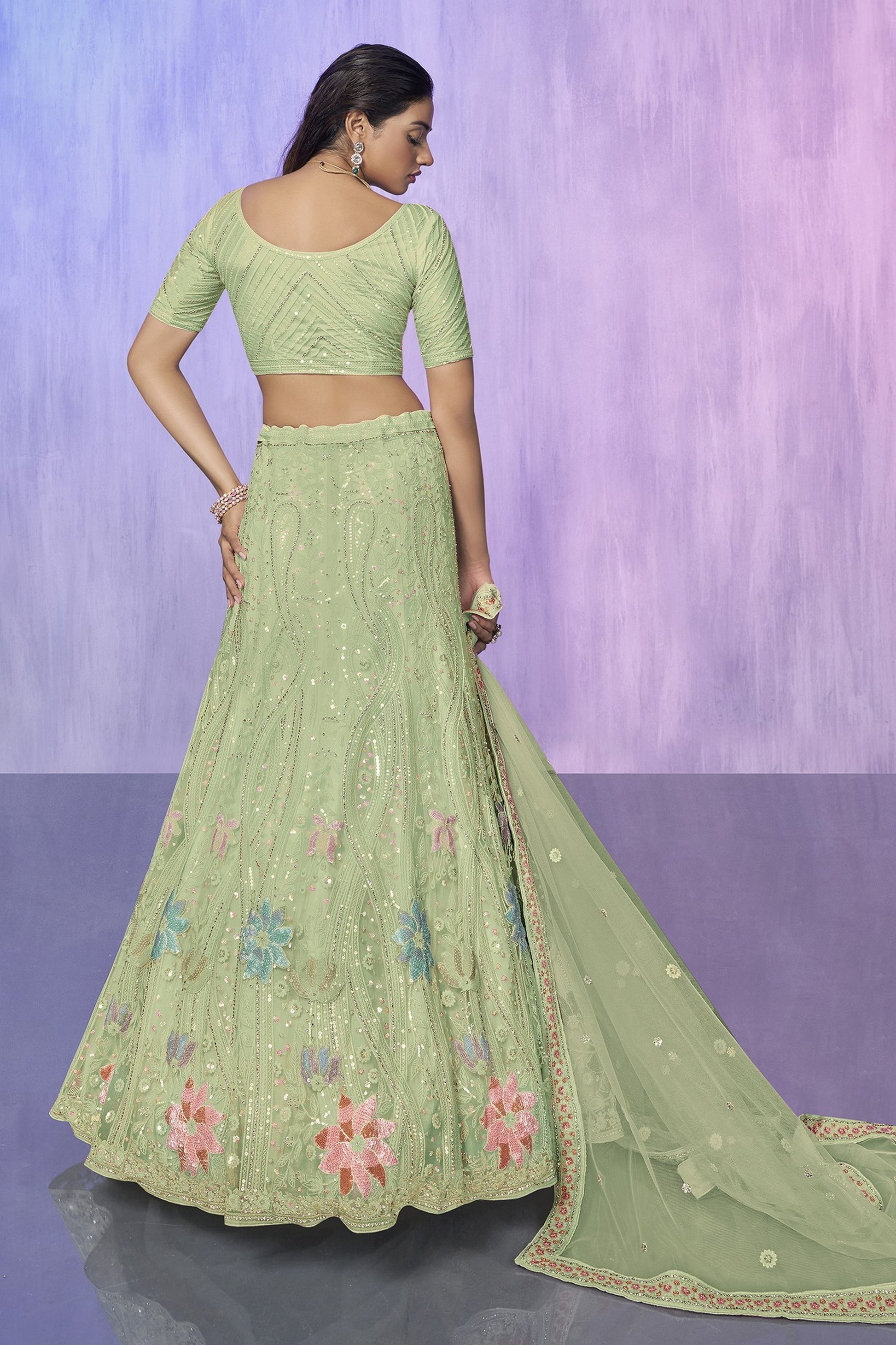 Green Pakistani Net Lehenga Choli For Indian Festivals & Weddings - Embroidery Work,