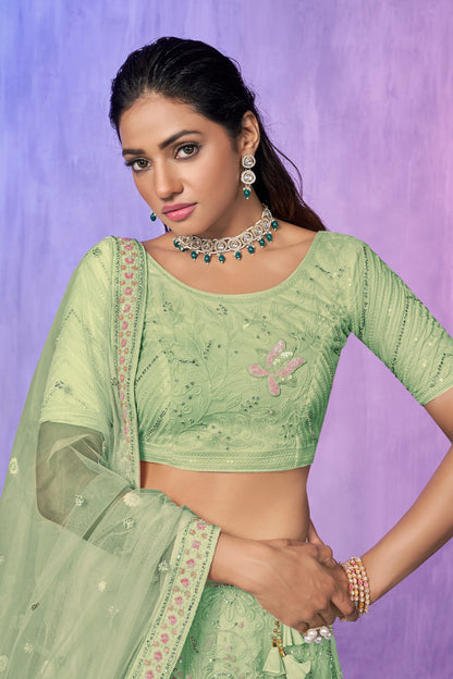 Green Pakistani Net Lehenga Choli For Indian Festivals & Weddings - Embroidery Work,