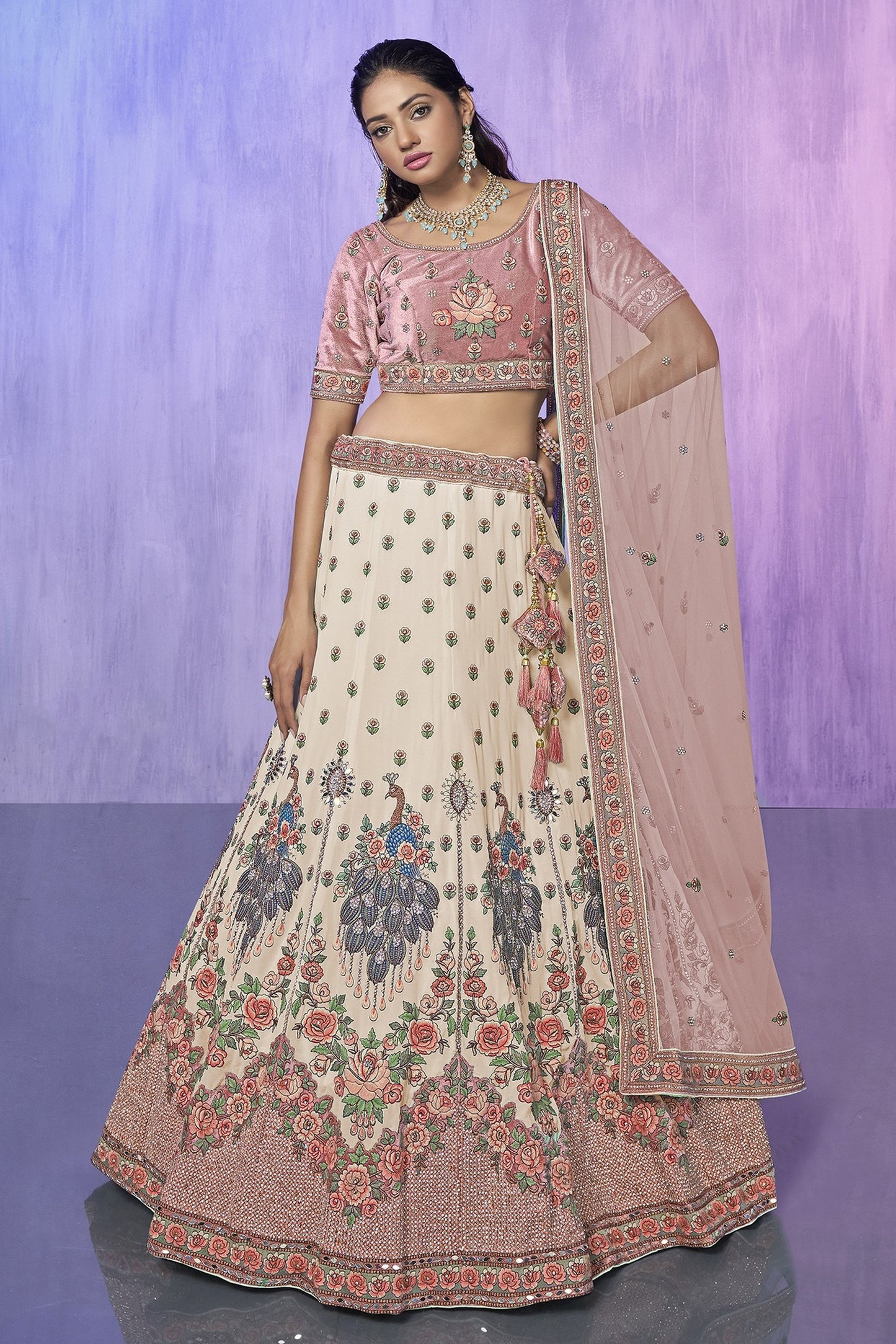 White Pakistani Velvet Lehenga Choli For Indian Festivals & Weddings - Embroidery Work,