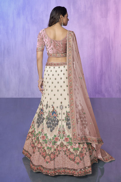 White Pakistani Velvet Lehenga Choli For Indian Festivals & Weddings - Embroidery Work,