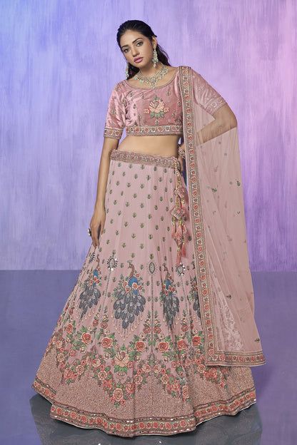 Peach Pakistani Velvet Lehenga Choli For Indian Festivals & Weddings - Embroidery Work,