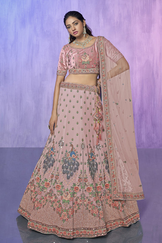 Peach Pakistani Velvet Lehenga Choli For Indian Festivals & Weddings - Embroidery Work,