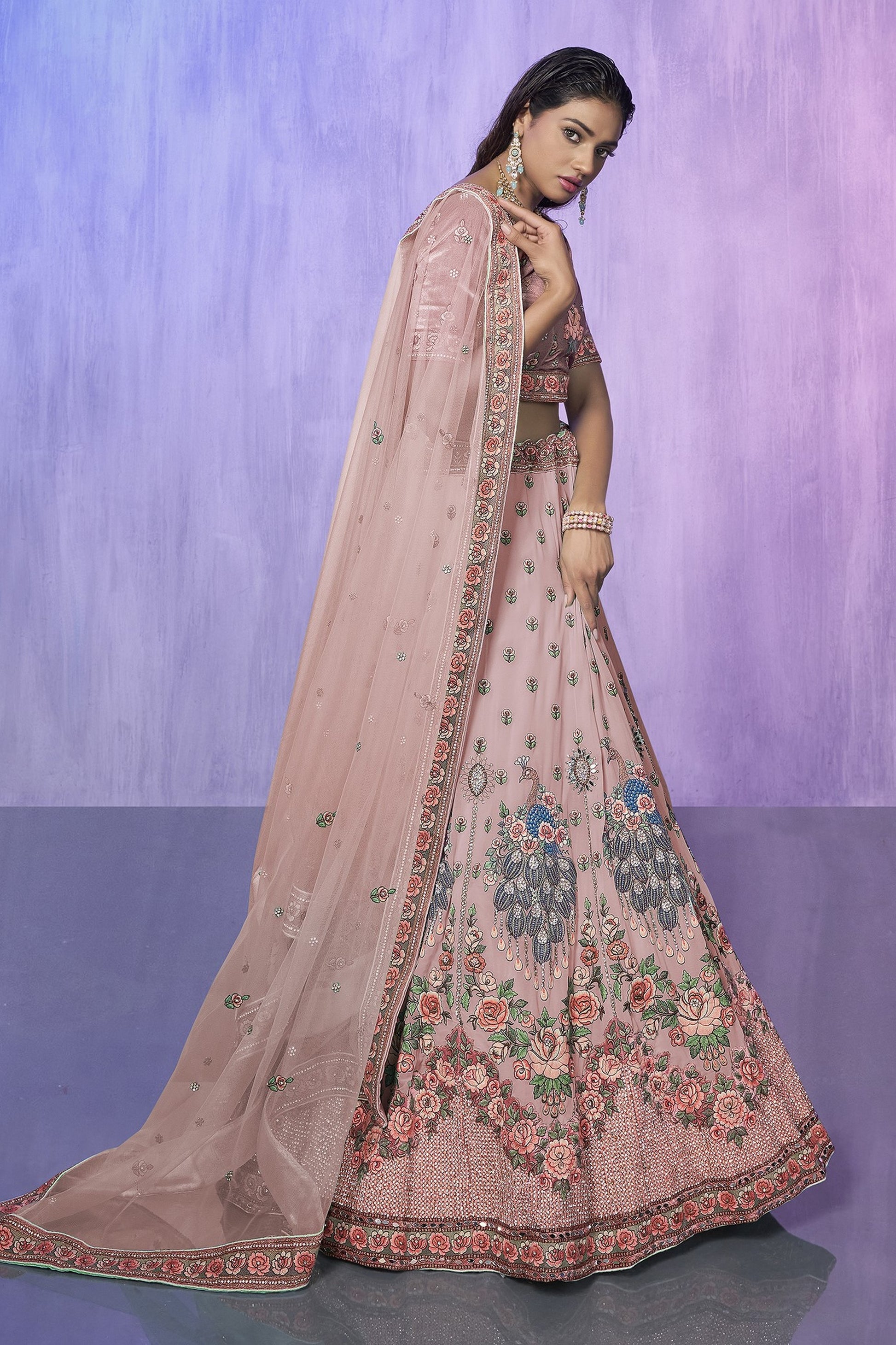 Peach Pakistani Velvet Lehenga Choli For Indian Festivals & Weddings - Embroidery Work,