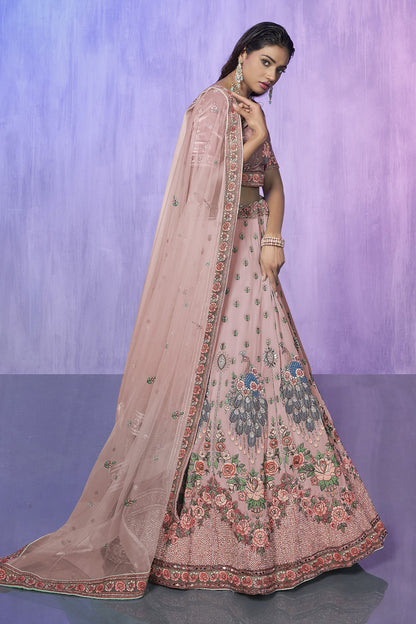 Peach Pakistani Velvet Lehenga Choli For Indian Festivals & Weddings - Embroidery Work,