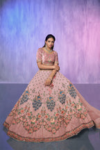 Peach Pakistani Velvet Lehenga Choli For Indian Festivals & Weddings - Embroidery Work,