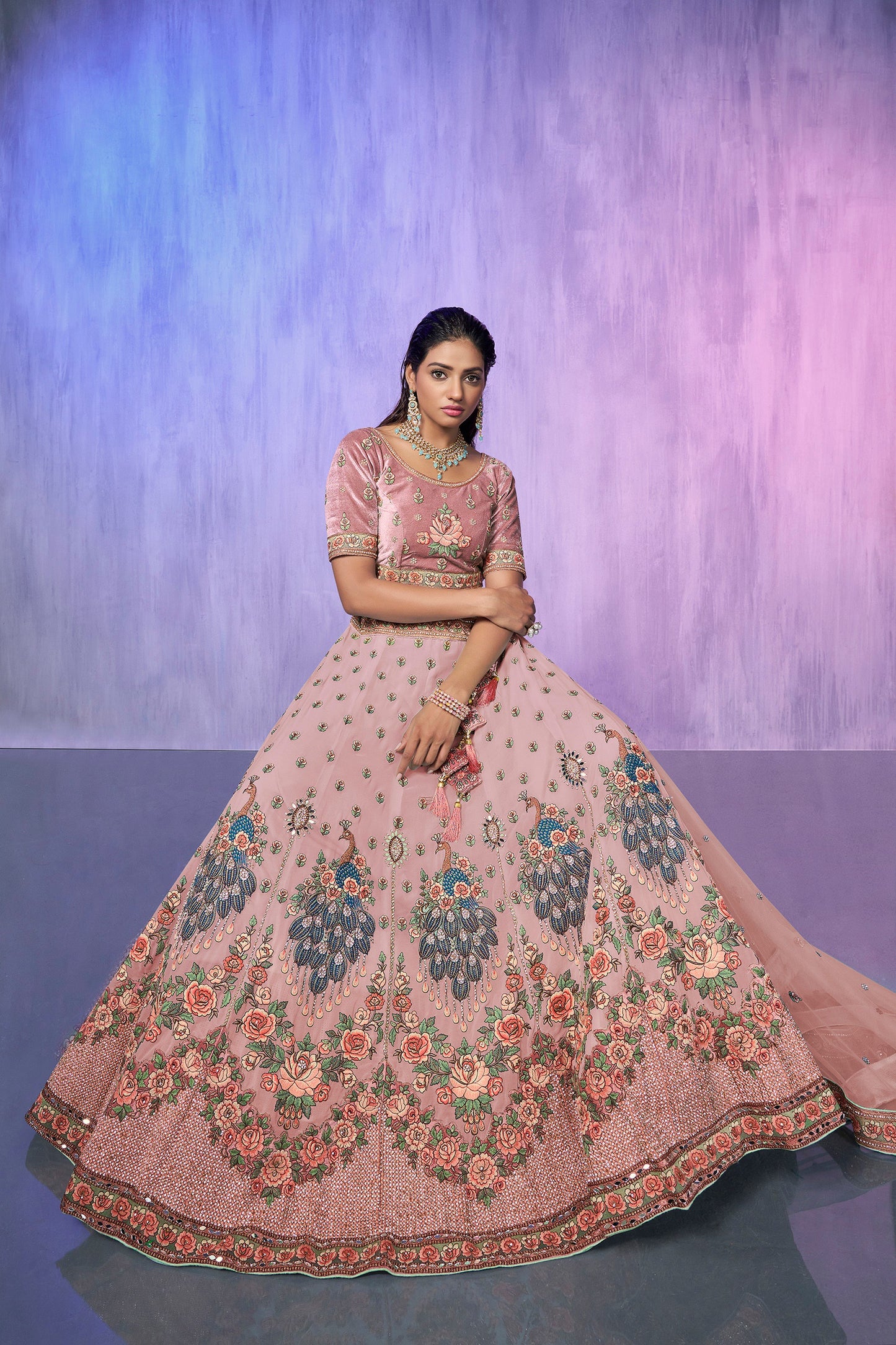 Peach Pakistani Velvet Lehenga Choli For Indian Festivals & Weddings - Embroidery Work,