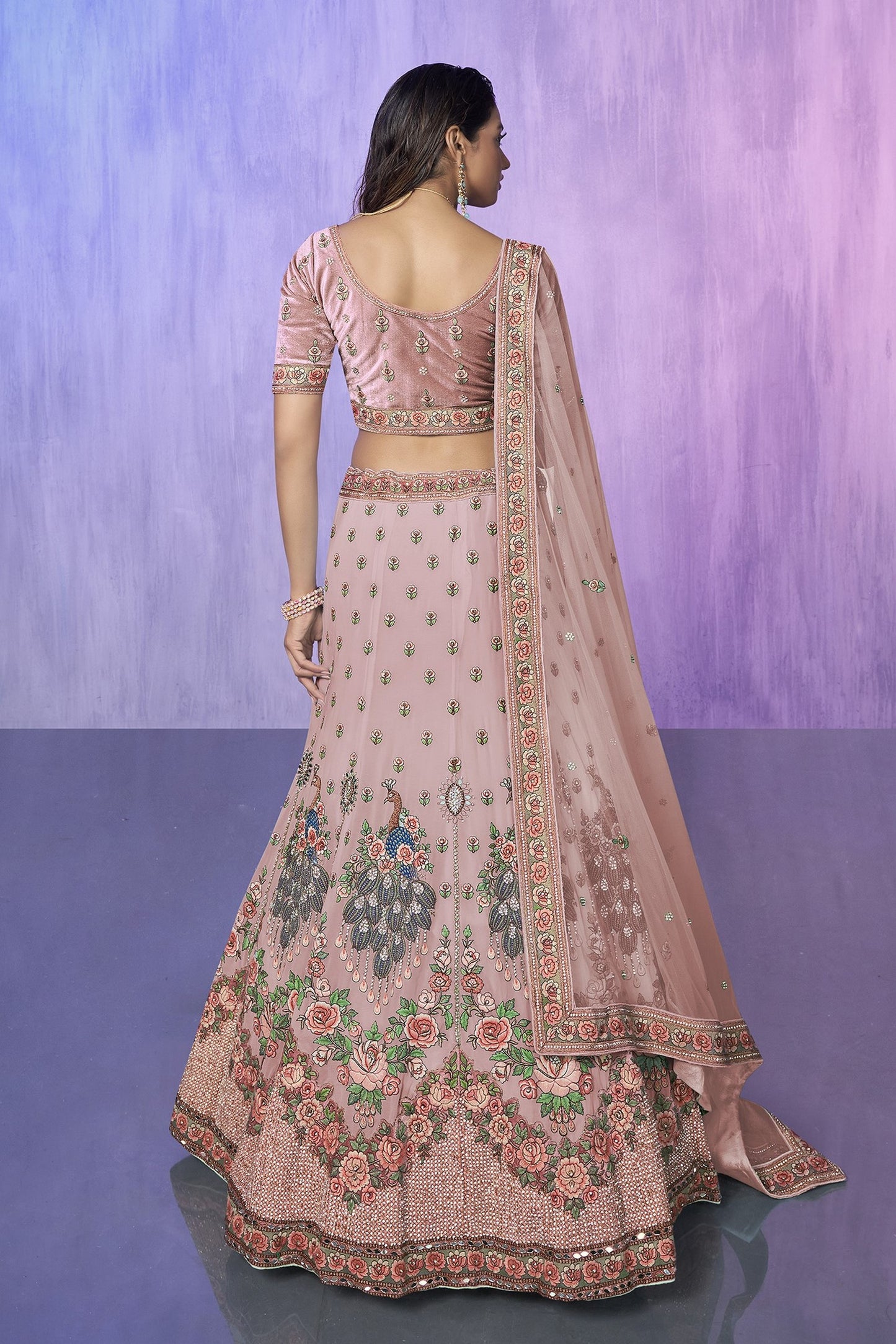 Peach Pakistani Velvet Lehenga Choli For Indian Festivals & Weddings - Embroidery Work,