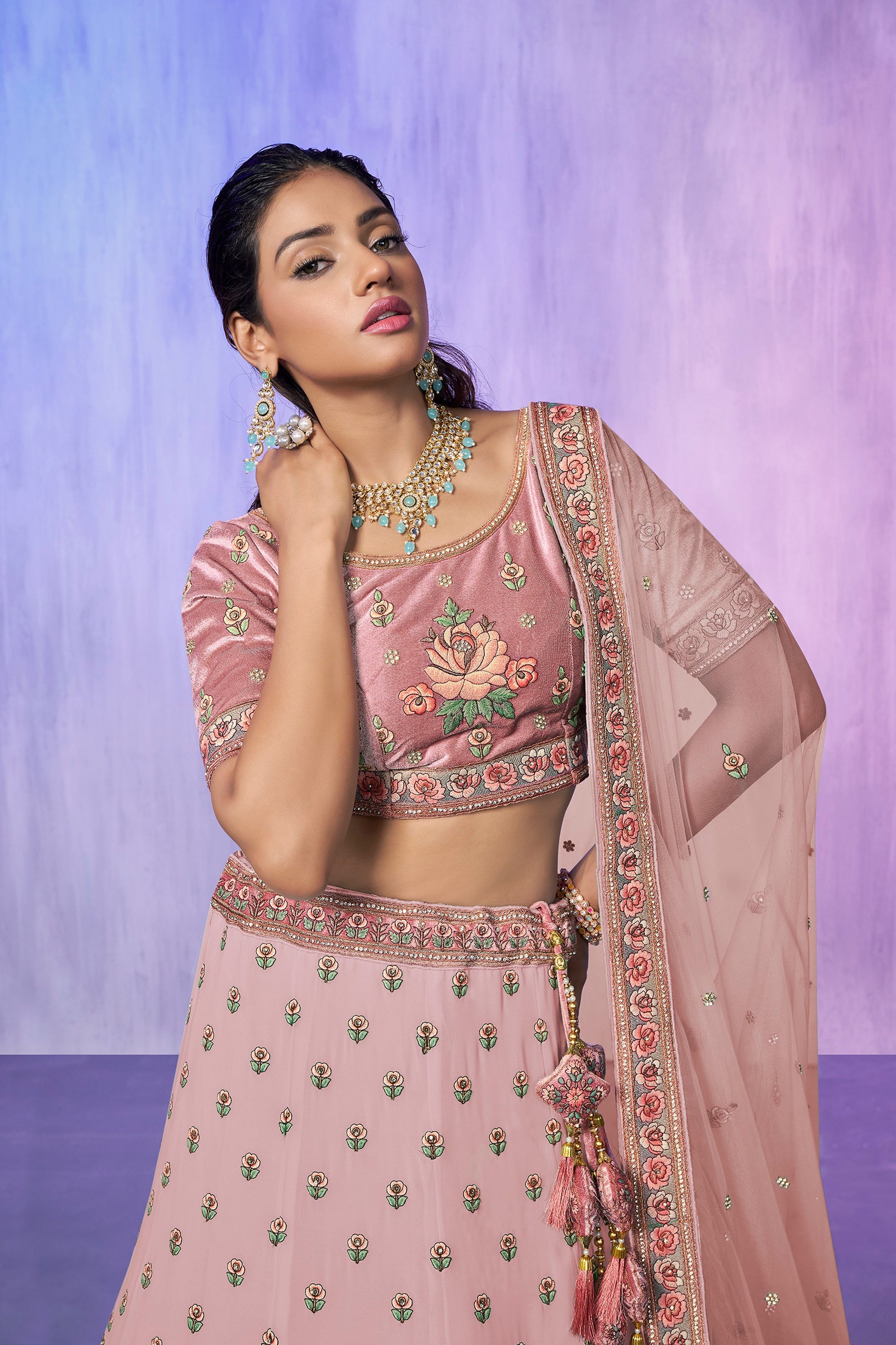 Peach Pakistani Velvet Lehenga Choli For Indian Festivals & Weddings - Embroidery Work,